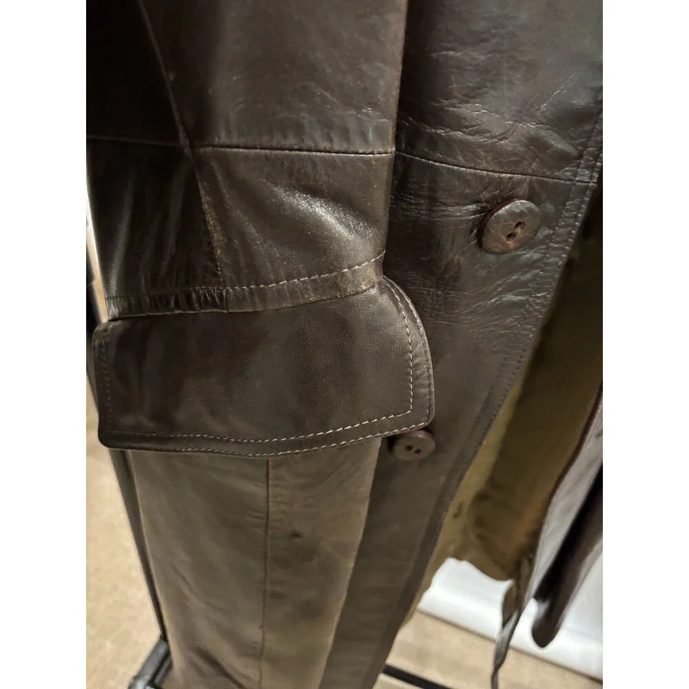 Vintage Spanish Soft Glove Leather Trench Coat Rich Brown Lined Belted Buttons - Picture 9 of 11